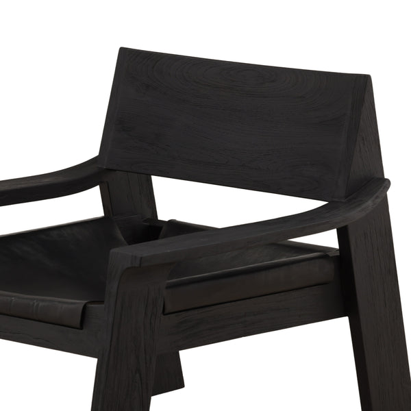 Black Leather and Teak Wood Occasional Chair