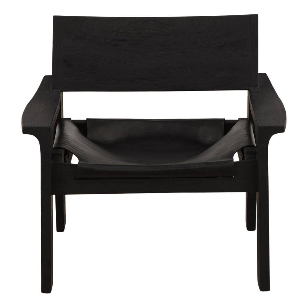 Black Leather and Teak Wood Occasional Chair