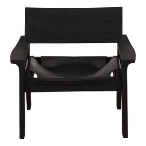 Black Leather and Teak Wood Occasional Chair