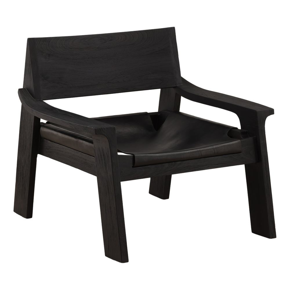 Black Leather and Teak Wood Occasional Chair