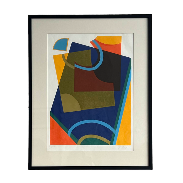 Framed color block vintage lithograph by Eleanor Ginsburg