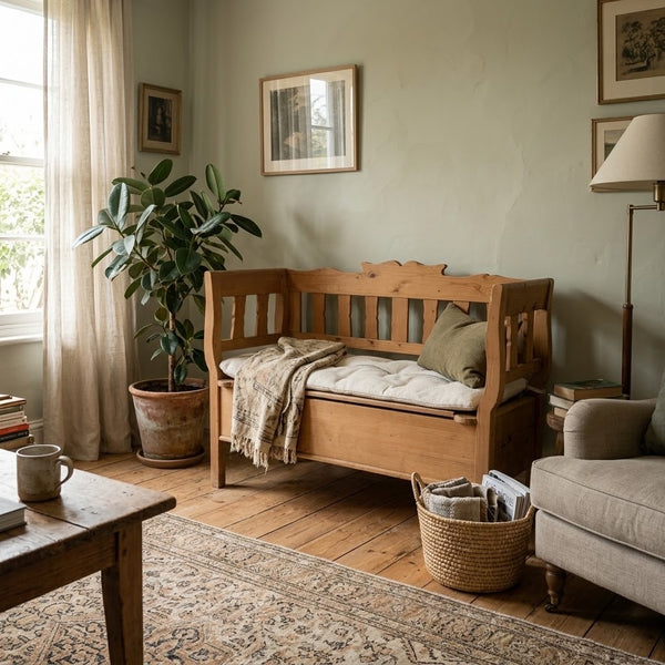 Vintage Carved Wood Bench Chest with Linen Cushion