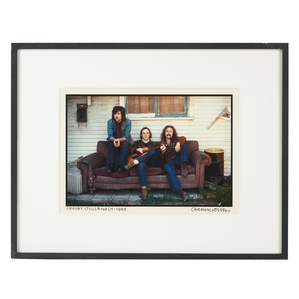 framed photograph by henry diltz of crosby, stills and nash circa 1969