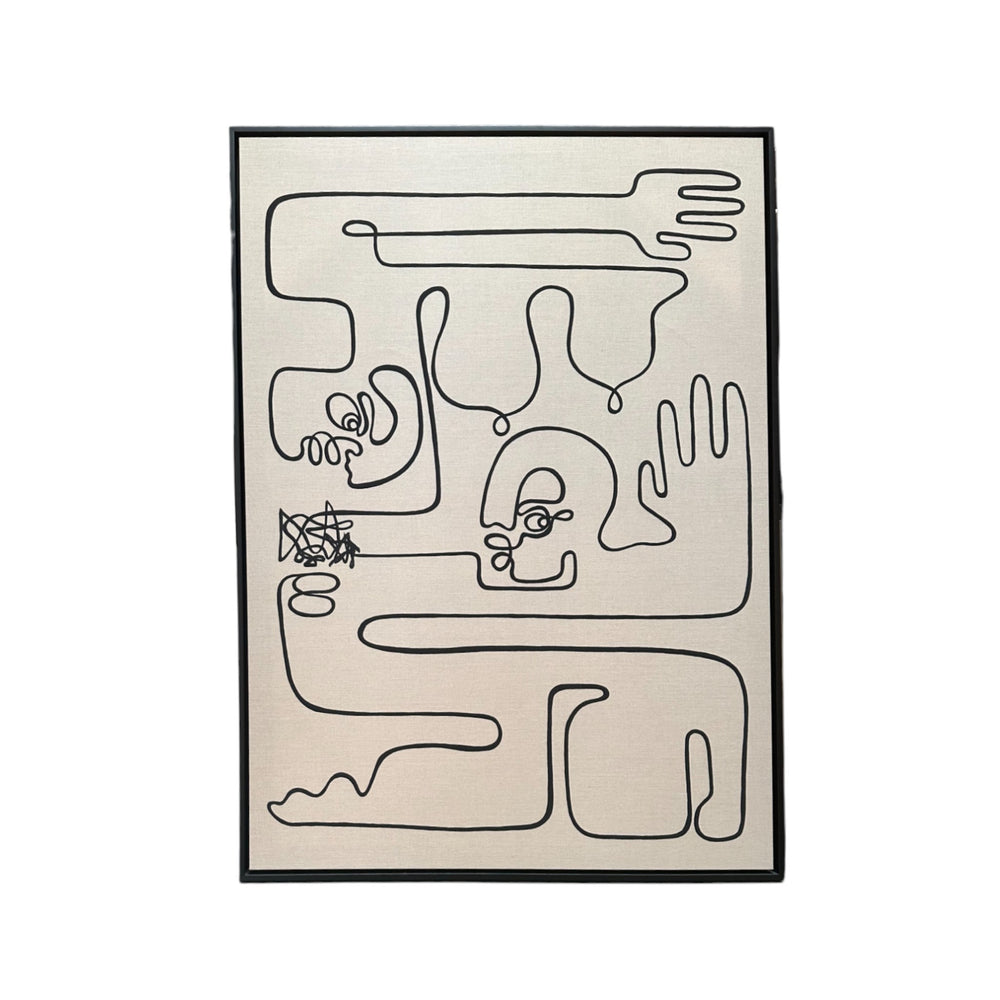 Black vinyl line drawing on raw beige canvas with thing black frame. 