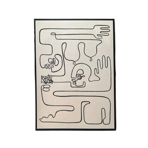 Black vinyl line drawing on raw beige canvas with thing black frame. 