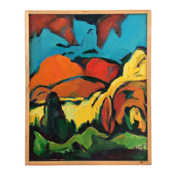 abstract oil painting by eric fiazi featuring interwining strokes of green, yellow, orange and blue hues