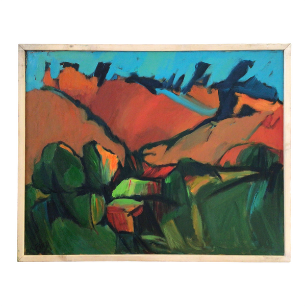 abstract oil painting by eric fiazi with intertwining strokes of green, orange and blue hues