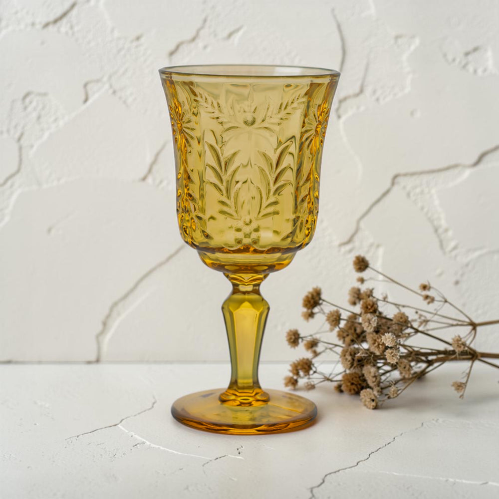 Amber Daisy Embossed Vintage Glass Goblets