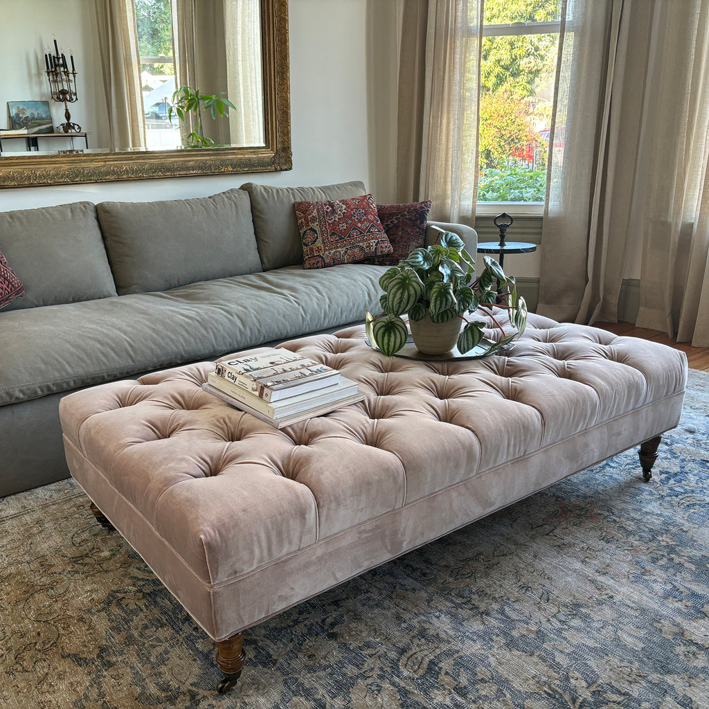 Custom pink velour ottoman coffee table in Atwater village interior design space