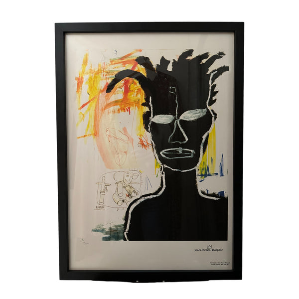 Self portrait lithograph by Jean-Micheal Basquiat. Portrait is black and white, background has yellows and oranges.