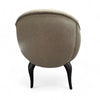 Beige fabric accent chair with rounded frame and walnut legs.