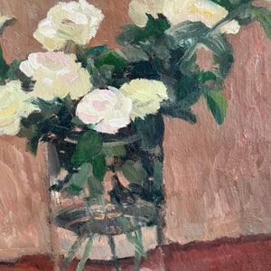 White Roses on Teak Table by Diane Che