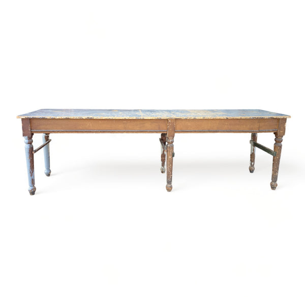 Rustic long farm dining table with distressed blue paint