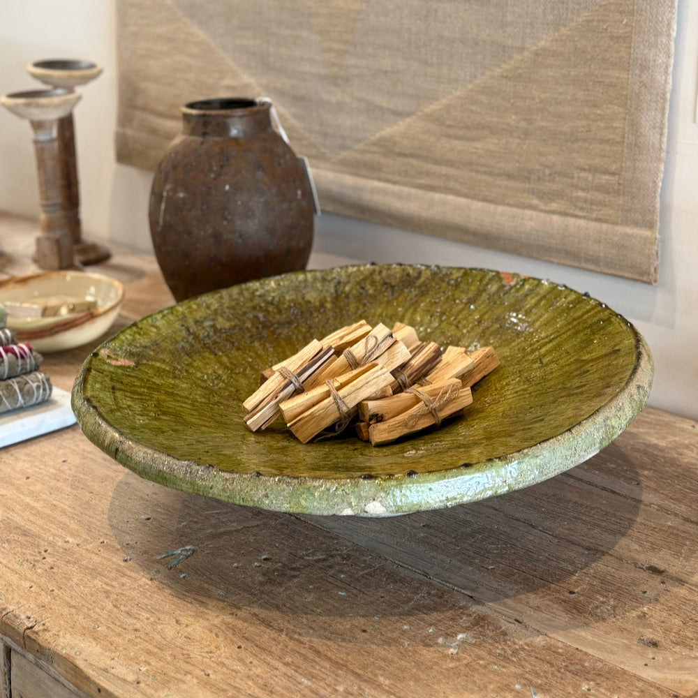 Large Moroccan Green Glazed Bowl with Stand