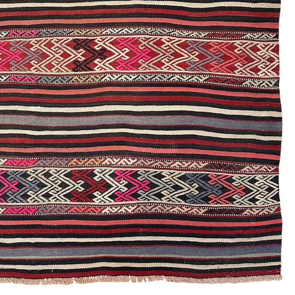 Turkish kilim area rug with red, pink and black stripes and geometric motif