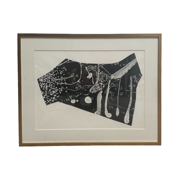 This artwork is a black and white abstract print with a large irregular shape at its center, filled with swirling patterns and textures. Thin, elongated forms hang down from the top, resembling tendrils or strings, while clusters of small dots spread out across part of the shape, like stars or particles. The composition feels intricate and layered, with a sense of depth and movement, evoking both the vastness of space and the complexity of microscopic worlds.