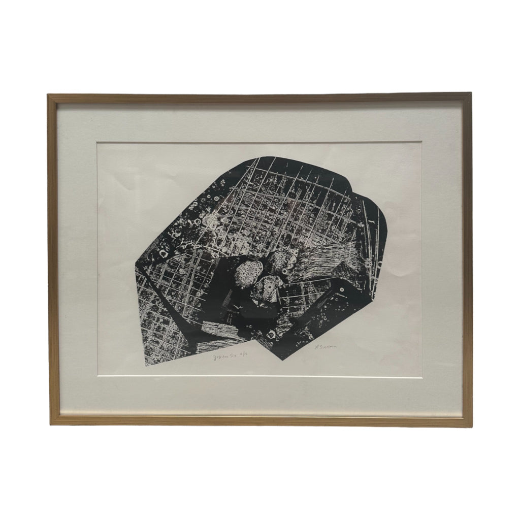 This artwork is a black and white abstract print featuring a central, irregular shape filled with a grid of fine lines intersecting at various angles. The lines give the impression of a woven or net-like structure, while the darker areas within the shape create a sense of depth, as if looking into a layered or multifaceted object. Small, circular patterns are scattered throughout, resembling craters or bubbles, adding texture and complexity to the composition. The overall effect is one of intricacy and dens