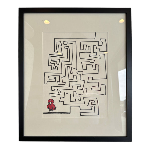 framed drawing of bird and a maze made with ink on paper