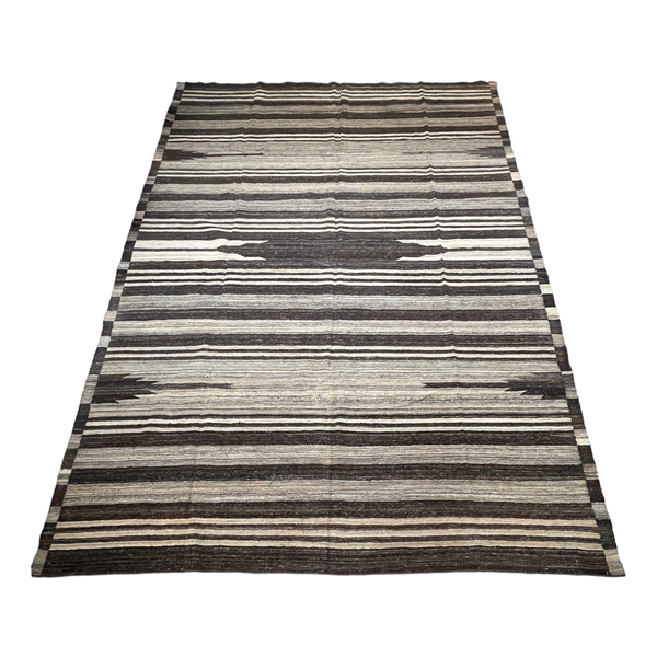 large kilim area rug with brown and taupe stripes 