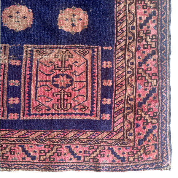 Blue and pink vintage Turkmen accent rug 