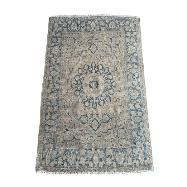 naturally dyed indigo earth toned vintage Oushak accent rug