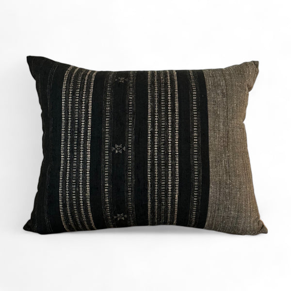 Black & gray vintage fabric pillow with embroidery and tribal print