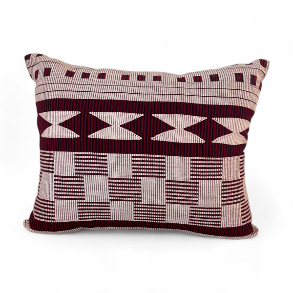VIntage Fabric Pillow with light pink and dark red embroidered tribal pattern