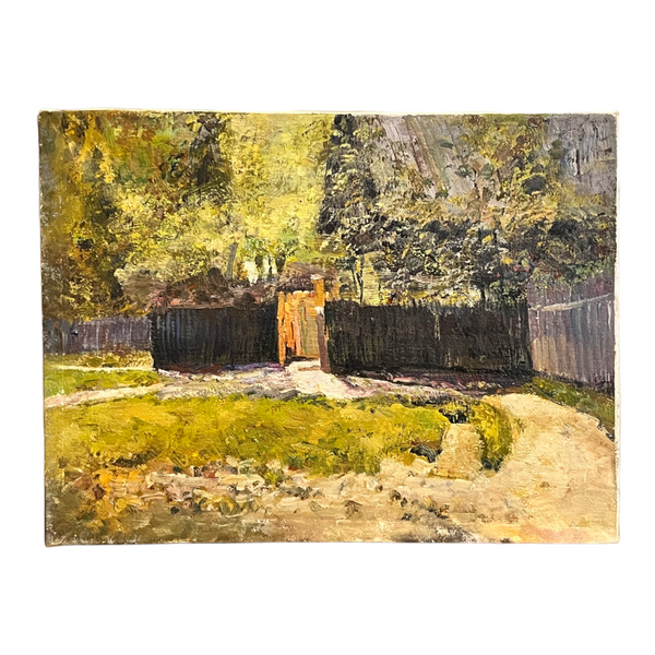Impressionist painting of fencing with greens and yellows