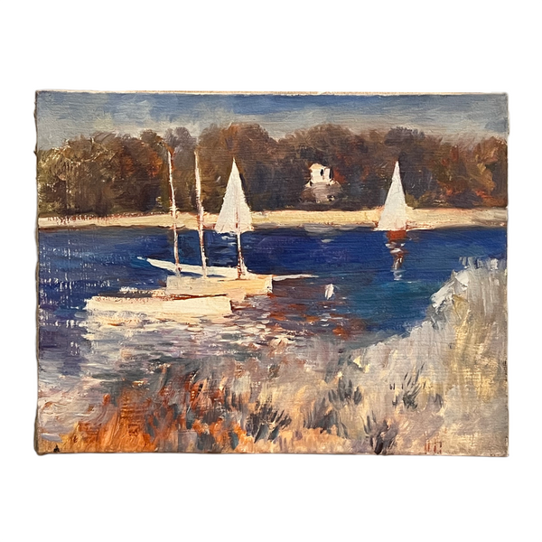 painting of boats on water with tones of orange and ultramarine