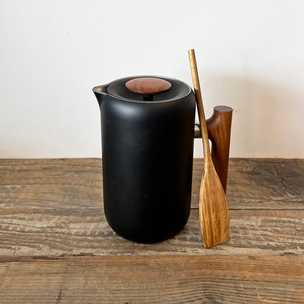 clara french press in matte black with walnut handle