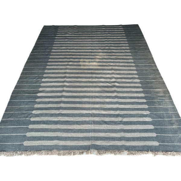 charcoal vintage kilim area rug with beige stripes and fringe