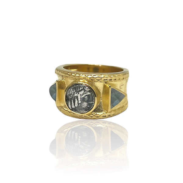 Gold Band Labradorite & Coin Tre Ring - Size 8