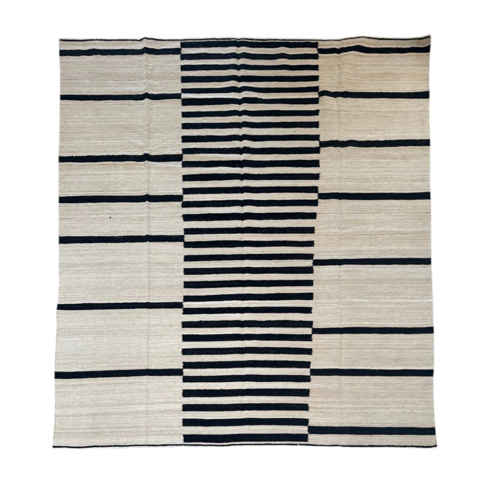Black and White Striped Kilim Rug • 8'1" x 9'7"
