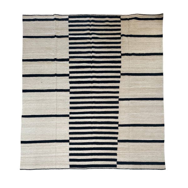 Black and White Striped Kilim Rug • 8'1" x 9'7"