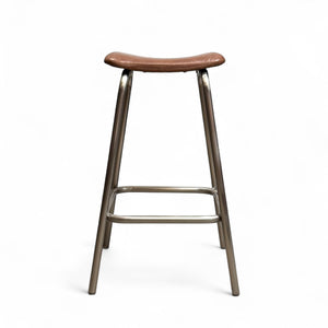 Bar stool with brown leather seat and metal frame on a white background