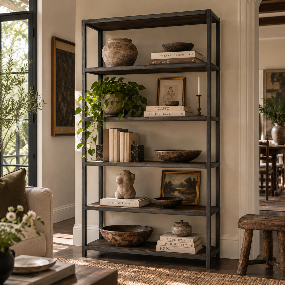 Industrial Wood and Metal Shelf 48 1/2"W x 14"D x 84"H