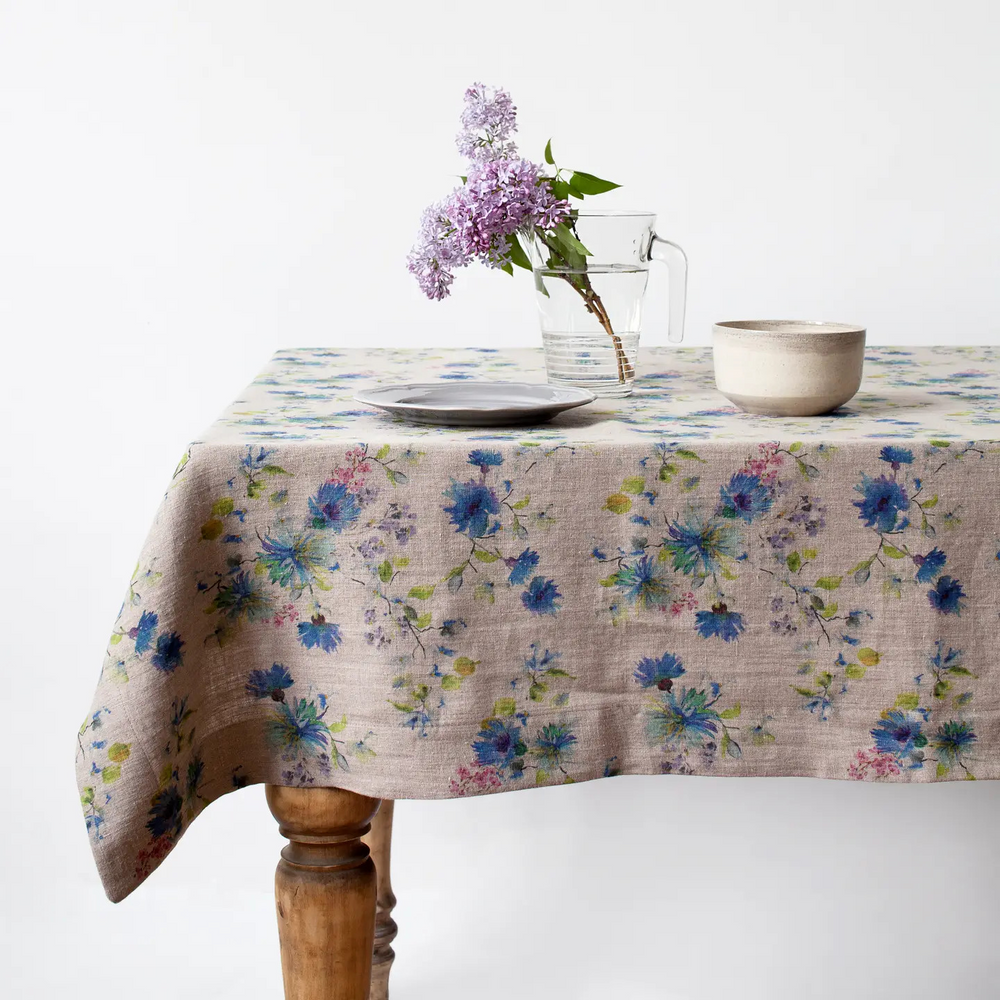 Flowers on Natural Linen Tablecloth