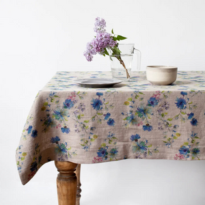 Flowers on Natural Linen Tablecloth