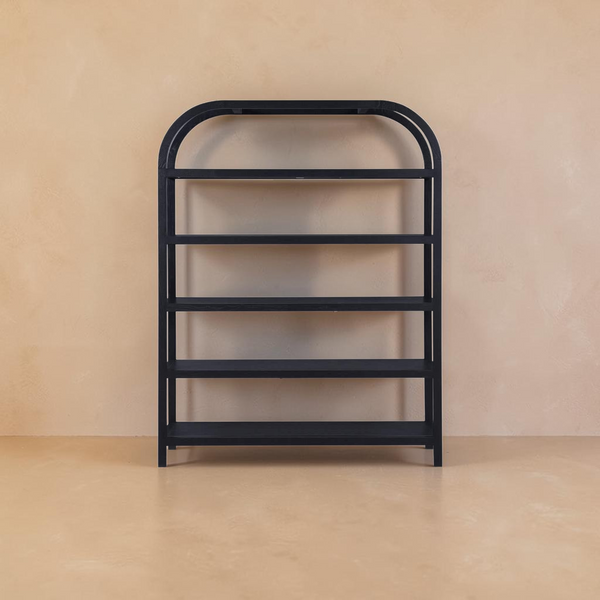 deKor arched black bookcase with five oak-veneered shelves and a modern, minimalist frame design.