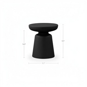 deKor compact black polypropylene outdoor side table with a minimalist pedestal design and dimensions shown