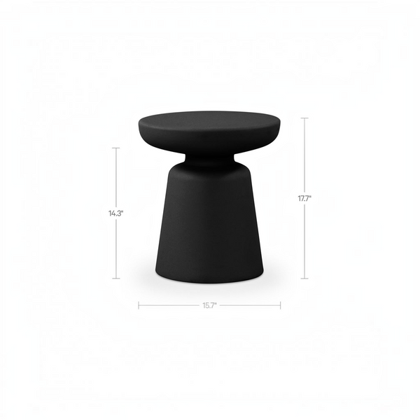 deKor compact black polypropylene outdoor side table with a minimalist pedestal design and dimensions shown