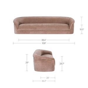 deKor blush velvet rolled arm sofa with dimensions shown for front and side views