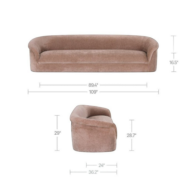 deKor blush velvet rolled arm sofa with dimensions shown for front and side views