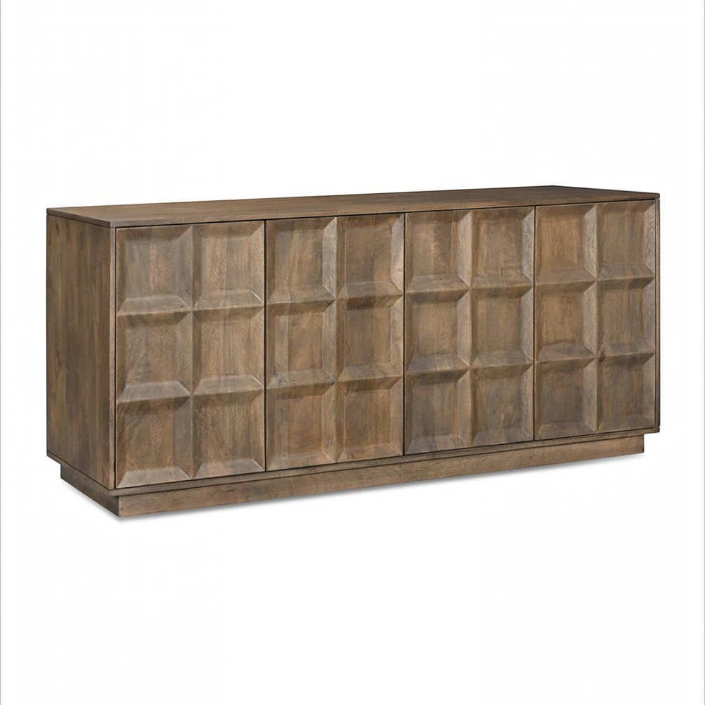 deKor Bowen sideboard in matte sandblast brown solid mango wood with a geometric blocky four-door design.