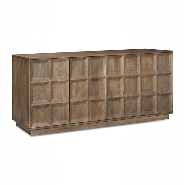 deKor Bowen sideboard in sandblast brown solid mango wood with a geometric blocky design and four cabinet doors