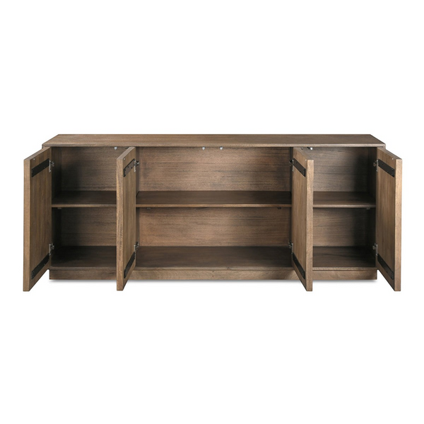 deKor Bowen sideboard in matte sandblast brown solid mango wood with four open doors and adjustable interior shelves