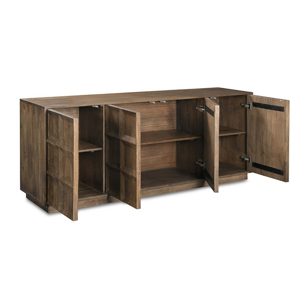 deKor Bowen sideboard in solid mango wood with a matte sandblast brown finish and four open storage cabinet doors.