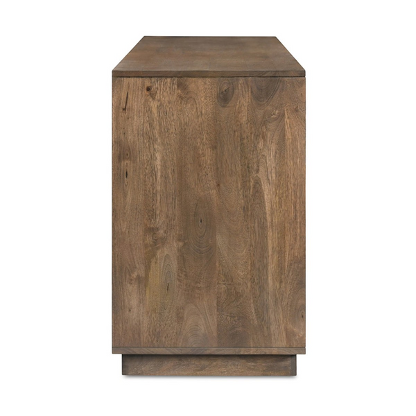 deKor Bowen sideboard in solid mango wood with a matte sandblast brown finish, shown from a side profile view.
