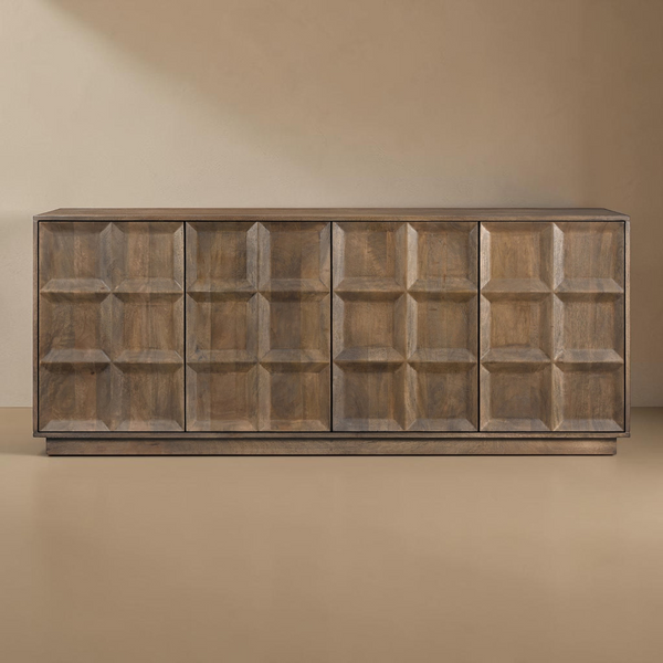 deKor Bowen sideboard in matte sandblast brown solid mango wood with a geometric blocky four-door design.