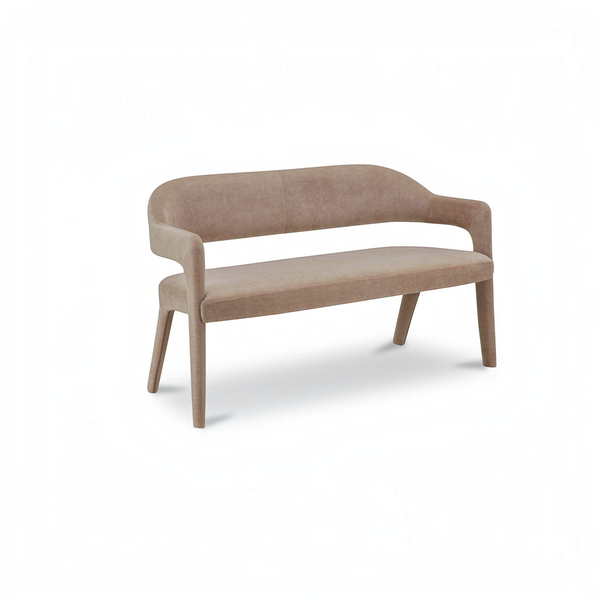 deKor camel polyester barrel back dining bench with a curved iron frame and comfortable foam seating